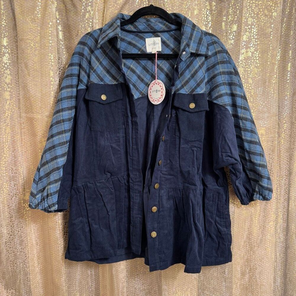 Umgee Navy Blue Corduroy Plaid Mixed-Media Babydoll Shacket NWT